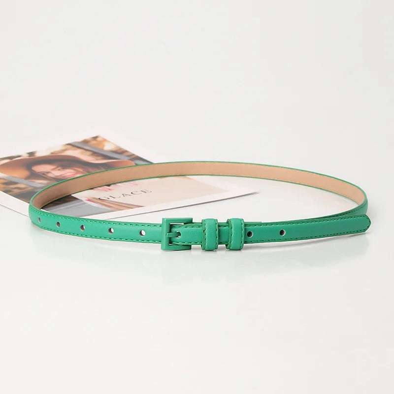 1.5x101cm Candy Color PU Leather Women Skinny Leather Belt Thin Waist Jeans Belt for Pants Fashion Metal in Pin Buckle Belt