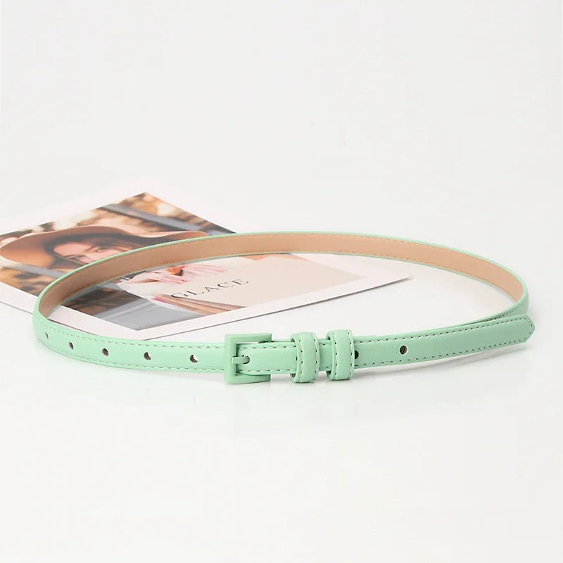 1.5x101cm Candy Color PU Leather Women Skinny Leather Belt Thin Waist Jeans Belt for Pants Fashion Metal in Pin Buckle Belt