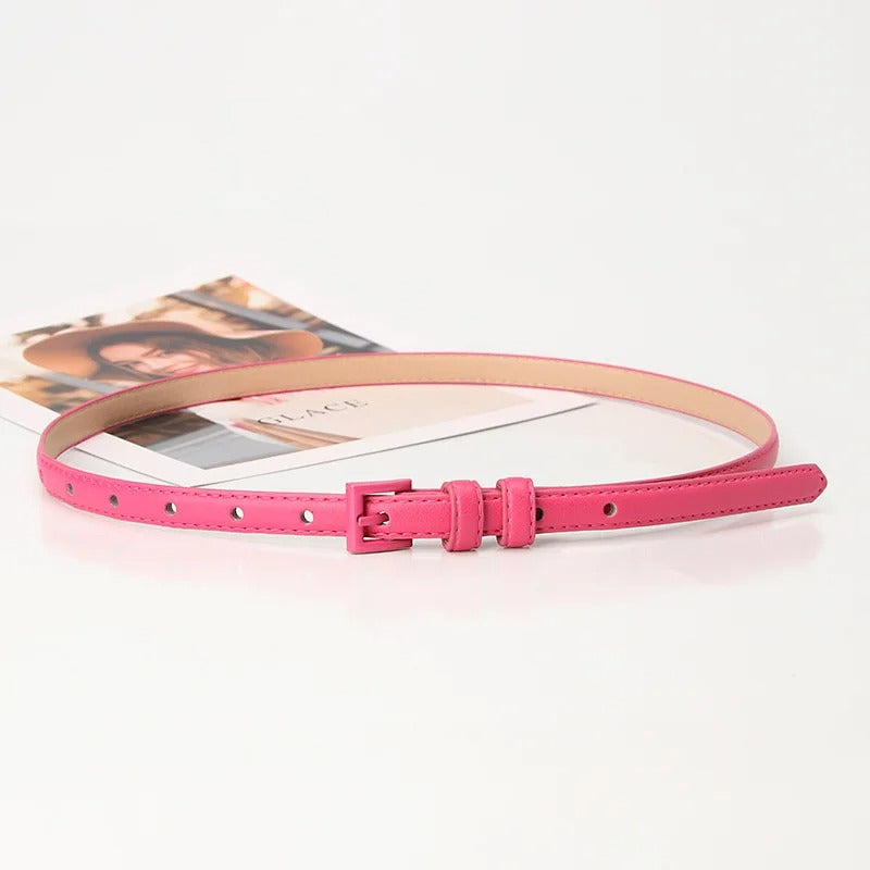 1.5x101cm Candy Color PU Leather Women Skinny Leather Belt Thin Waist Jeans Belt for Pants Fashion Metal in Pin Buckle Belt
