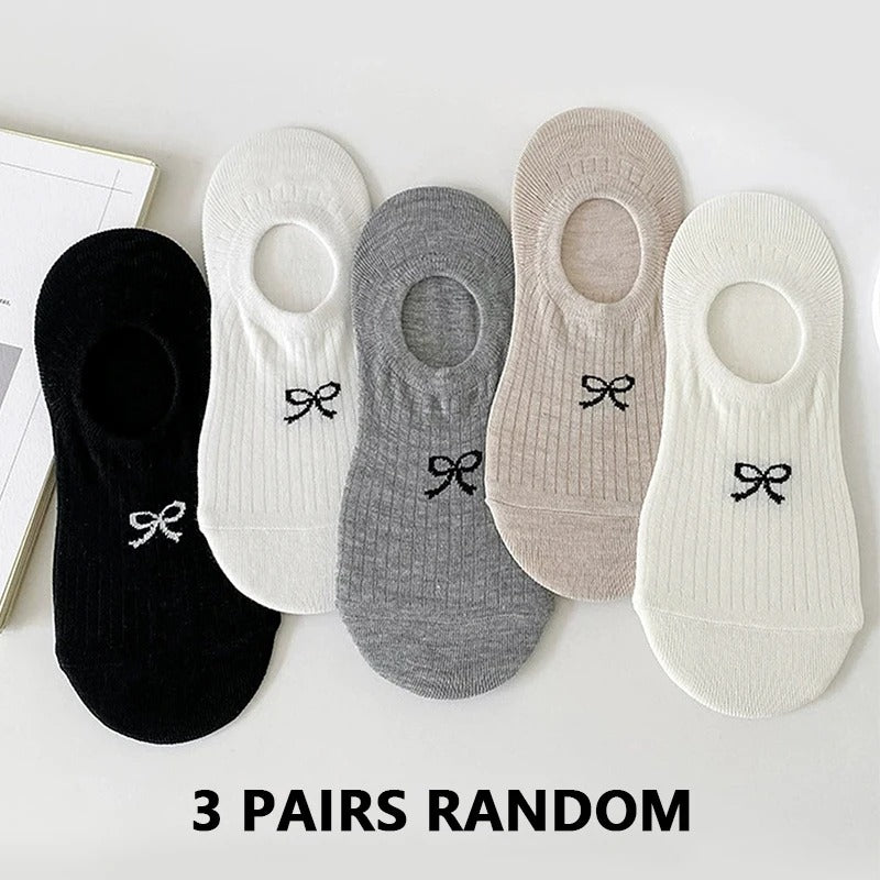 3/6 pairs Women Thin Dot Yarn Bowknot Summer Breathable Anti-heel Fall Off Pure Cotton Simple Low-cut Shallow Invisible Sock