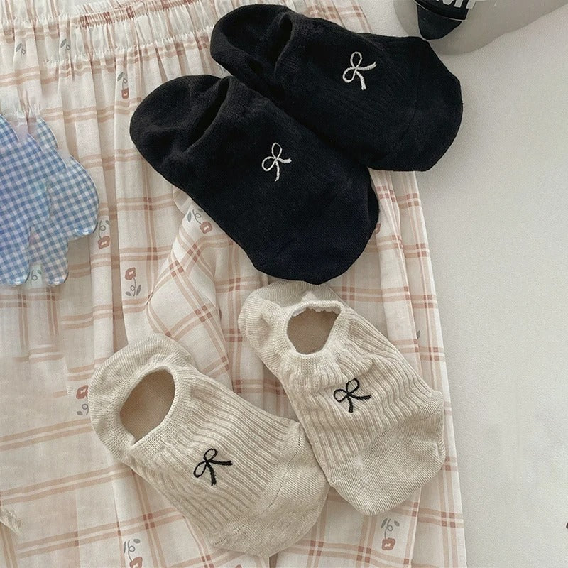 3/6 pairs Women Thin Dot Yarn Bowknot Summer Breathable Anti-heel Fall Off Pure Cotton Simple Low-cut Shallow Invisible Sock