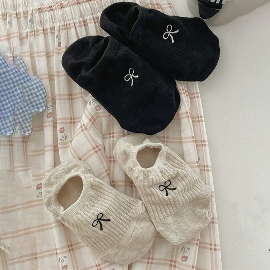 3/6 pairs Women Thin Dot Yarn Bowknot Summer Breathable Anti-heel Fall Off Pure Cotton Simple Low-cut Shallow Invisible Sock