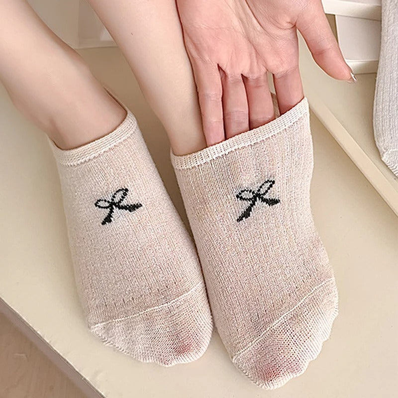 3/6 pairs Women Thin Dot Yarn Bowknot Summer Breathable Anti-heel Fall Off Pure Cotton Simple Low-cut Shallow Invisible Sock