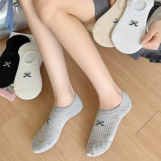 3/6 pairs Women Thin Dot Yarn Bowknot Summer Breathable Anti-heel Fall Off Pure Cotton Simple Low-cut Shallow Invisible Sock